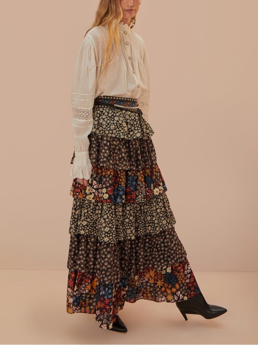 FARM Rio Black Jujus Garden Tiered Ruffle Floral Midi Skirt Small 57199 - Picture 4 of 11